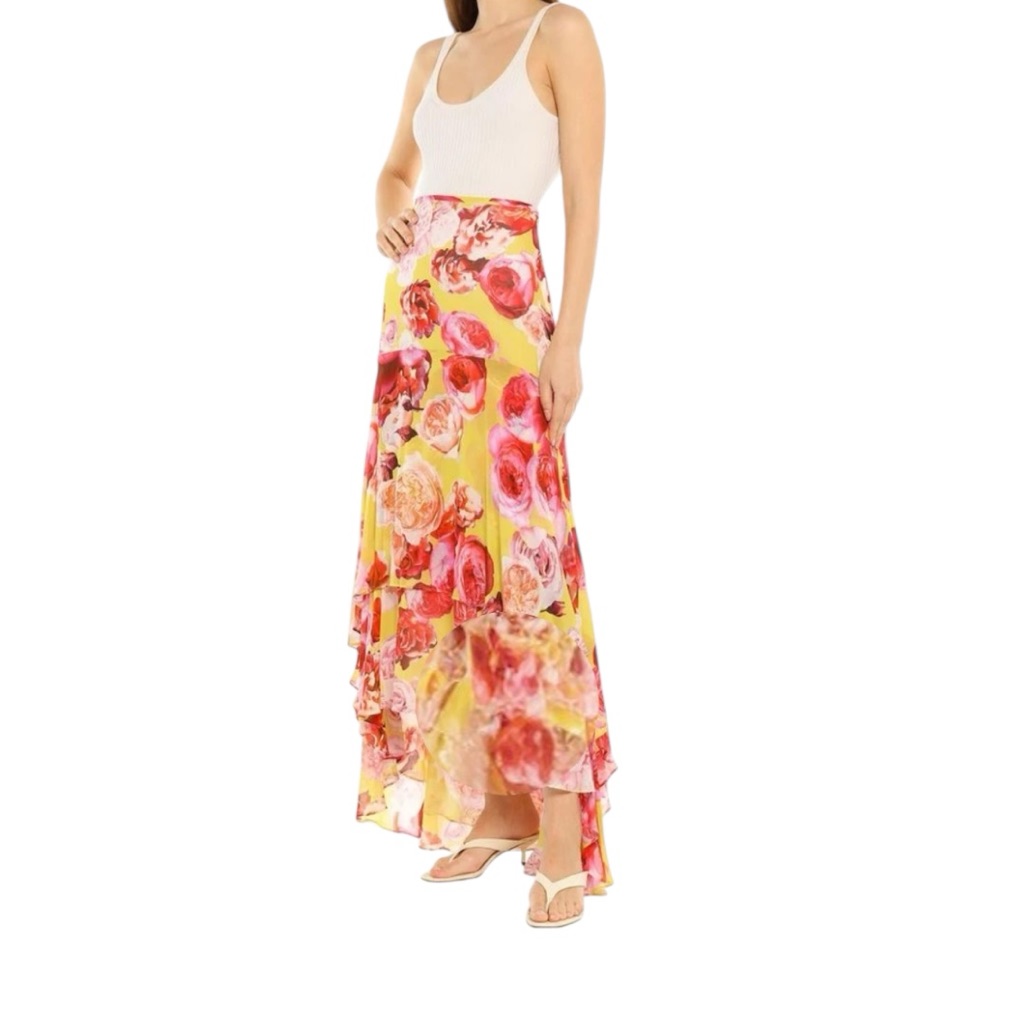 Pinko Bonet Yellow Rose Print Asymmetrical High Low Skirt Us 6